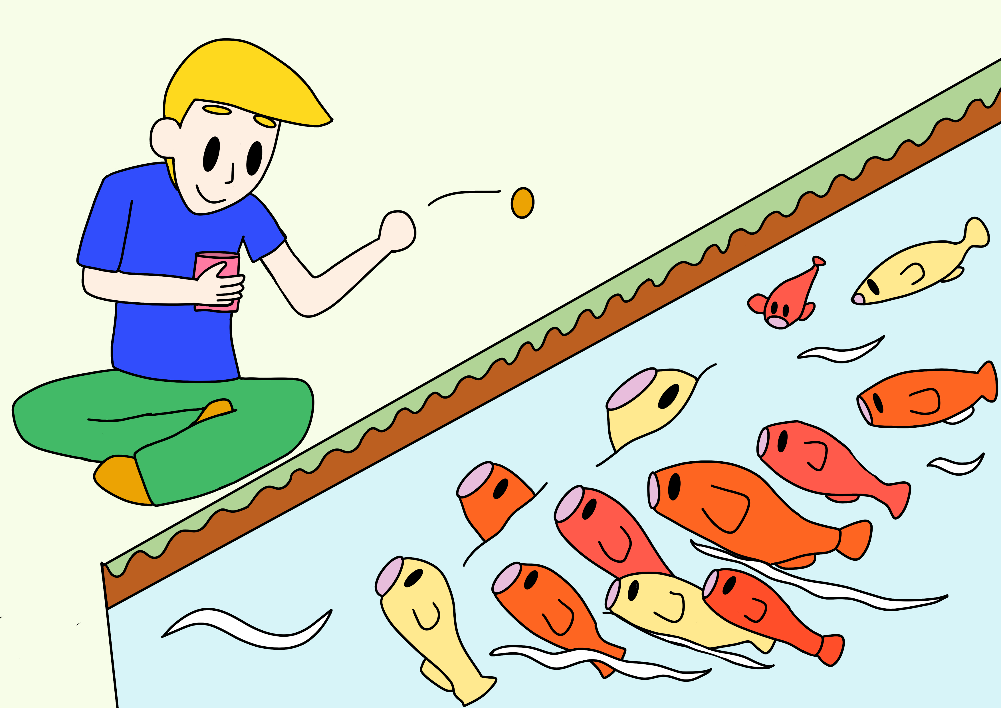 47課イラスト【コイが集まる/鯉に餌】